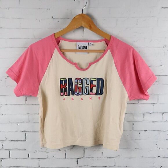 RAGGED JEANS Tops - RAGGED JEANS PINK & IVORY CROPPED SHORT SLEEVE BASEBALL LOGO SHIRT SIZE MED